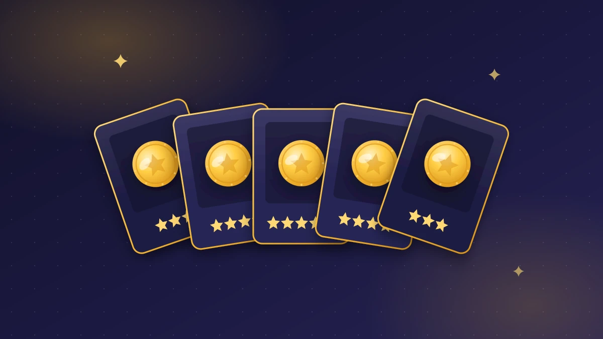 Coin Master Cards Guide: Sets, Rare and Free Cards Fanned collection cards with a gold star rating and a joker card on top