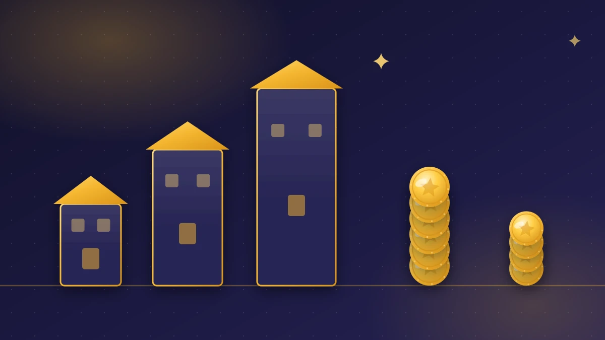 Coin Master Village Cost List Ascending village rooftops beside a rising stack of gold coins